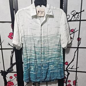 Vintage Men's White and Teal Striped Shirt Medium